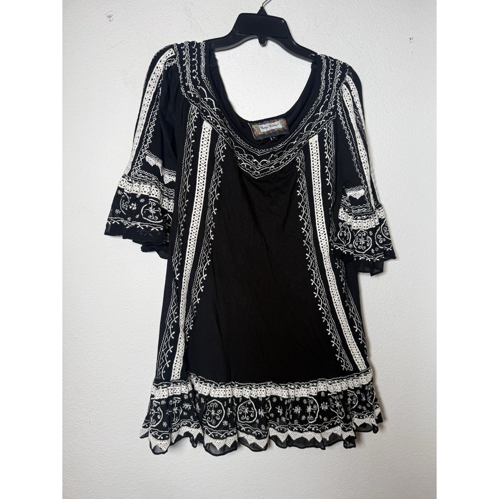 Black And White Embroidered Boho Off Shoulder Dress Size Medium Bell Sleeves